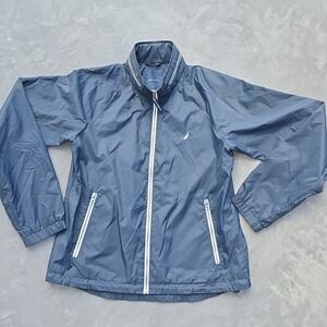 Nautica Ripstop Rain Jacket Size Medium Navy Blue White Accents Full Zip Hooded